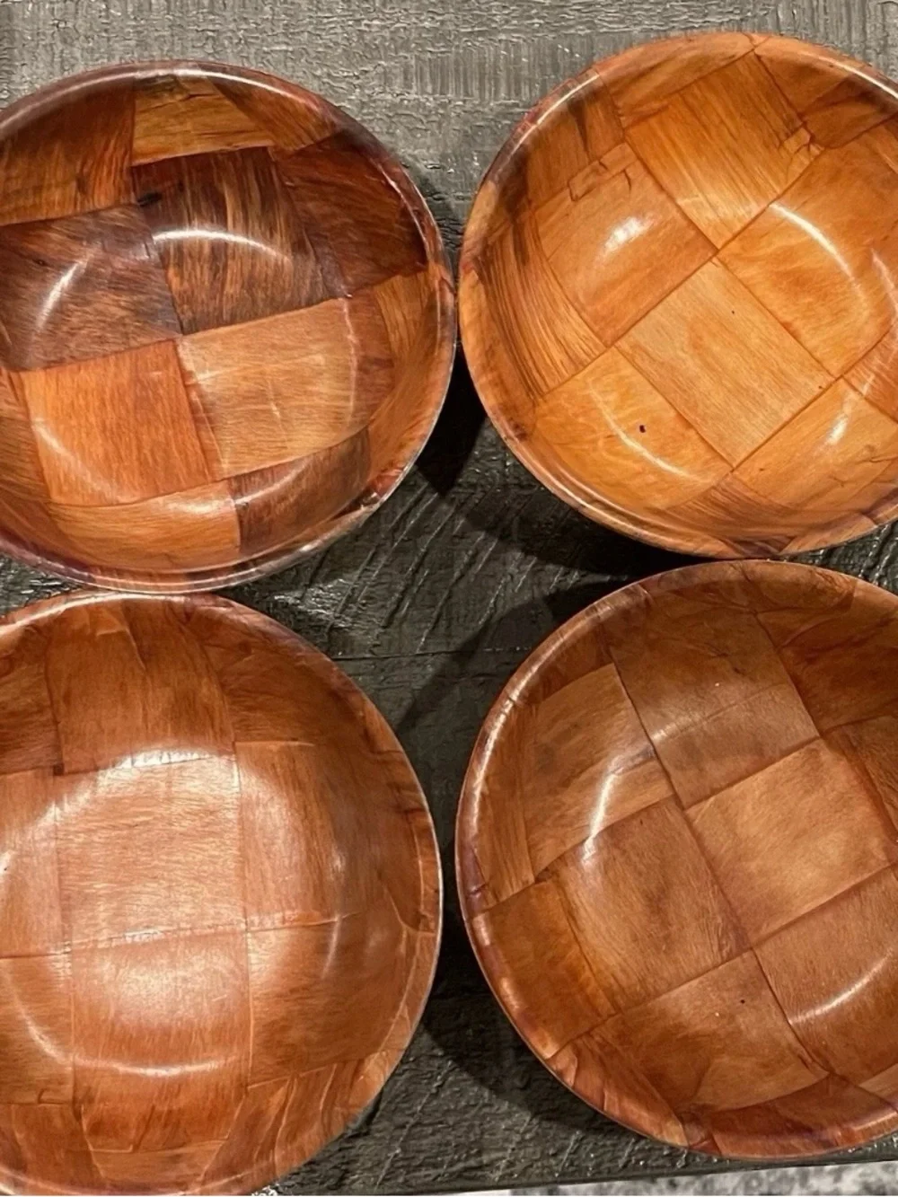 Vintage Mid-Century Modern Parquet Wood Salad Bowl Set - 1 Large & 4 Small Bowl